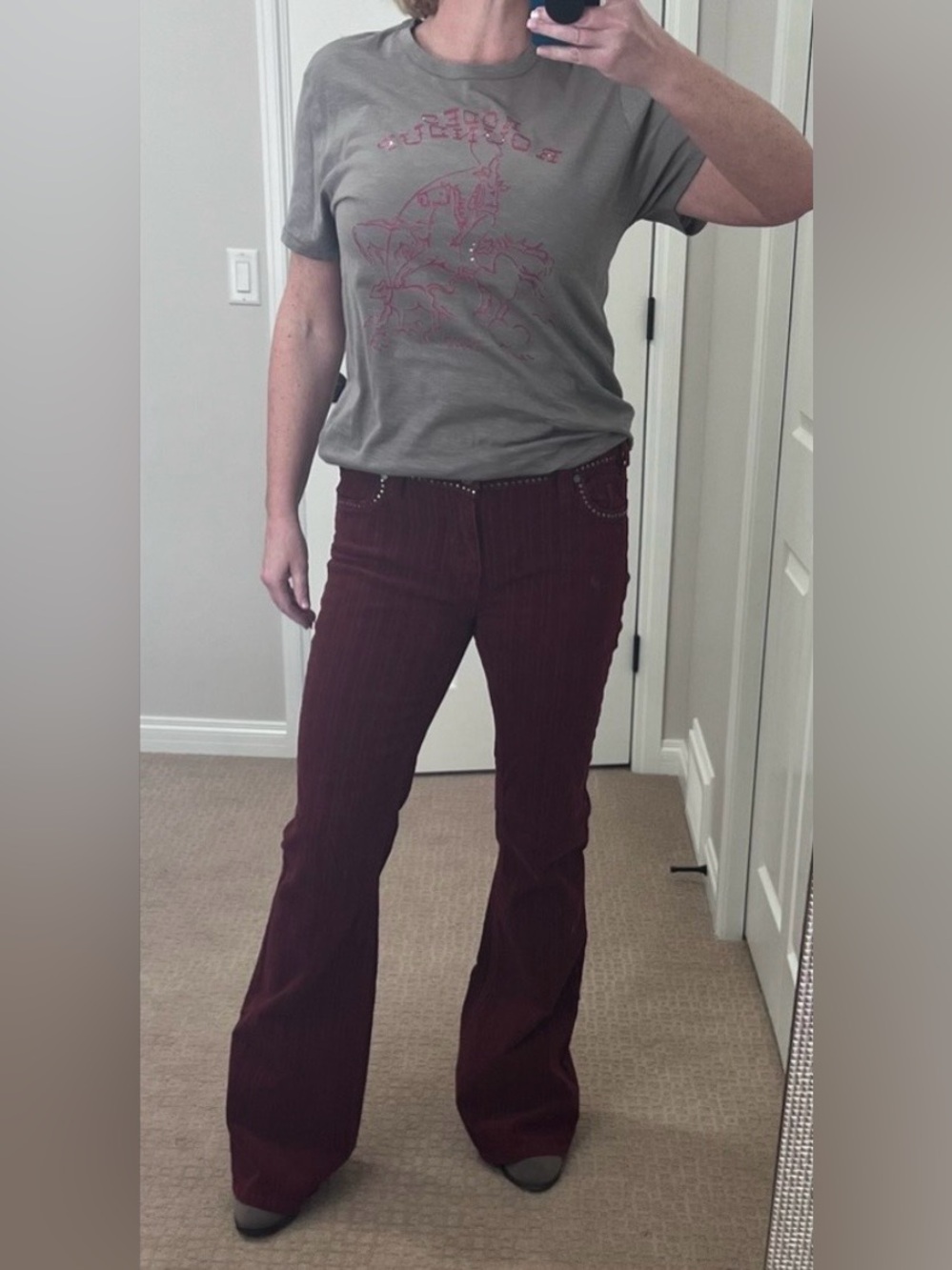 Rock & Roll Burgundy Flared Corduroy Pants with Studded Pockets - NEVER WORN